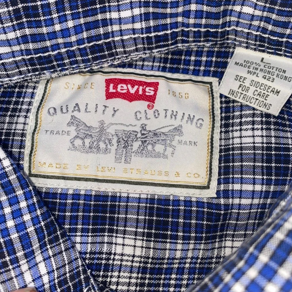 Levis Mens Large Blue‎ Mixed Plaid Striped Long Sleeve Button Up Shirt Cotton